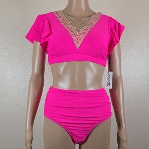 Ai'Mage Hot Pink & Lace Ruffle Sleeve High Waisted Bikini Swimsuit